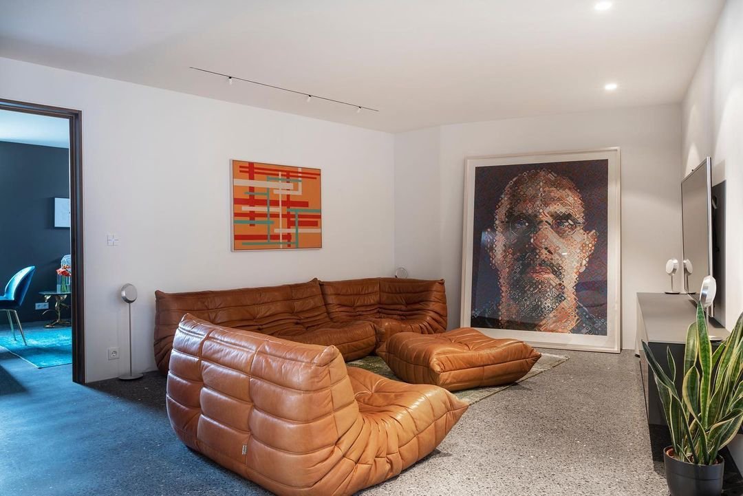 Icelandic Ambiance 弧形棕色沙发、抽象艺术作品、pixelated portrait、绿植和柔和灯光的现代客厅