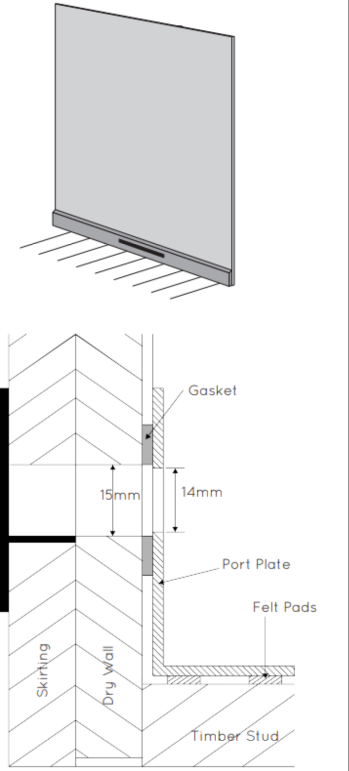 AMINA ALF120 completed in-wall outlet and port section technical diagram
