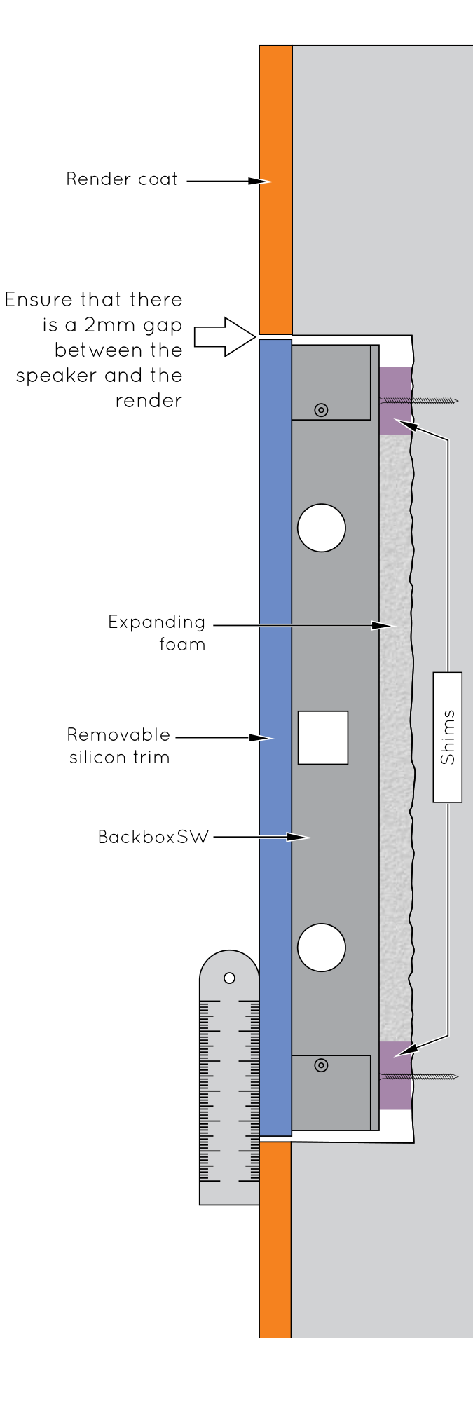 AMINA Speaker Handbook 第 29 页固体墙面与天花完全湿抹灰安装剖面技术图